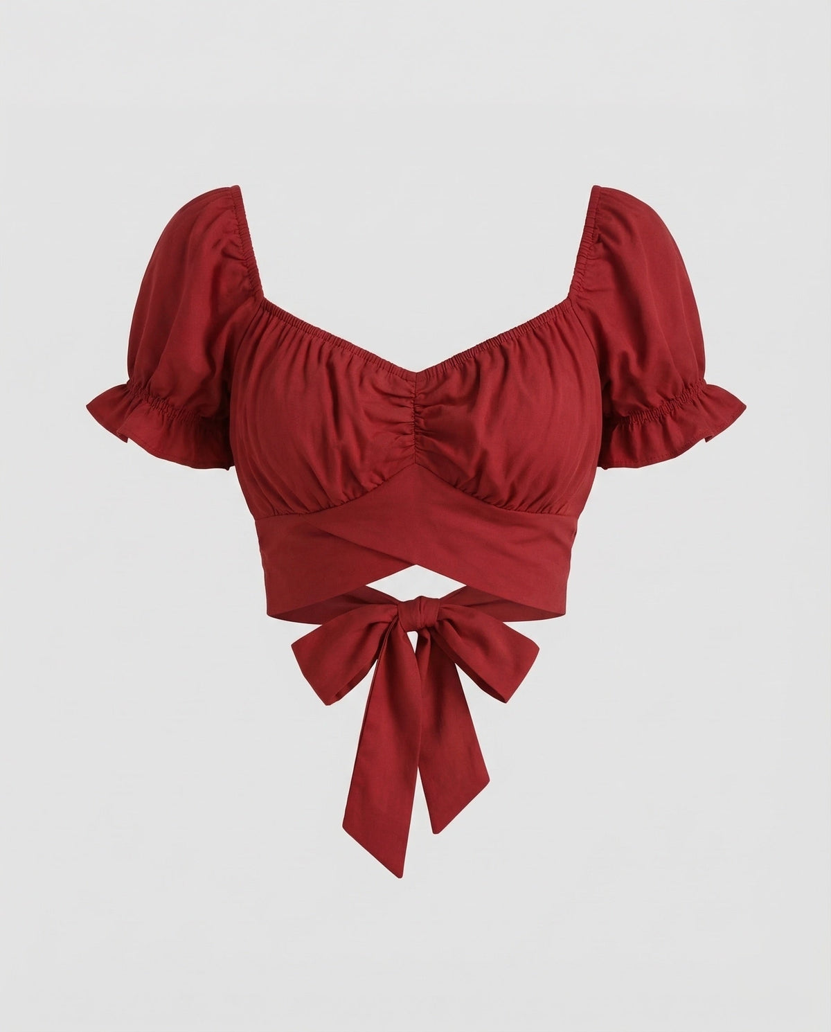 Blusa curta para mulher, com mangas balão, decote franzido e cintura cruzada – Modelo justo de verão para férias e noites casuais