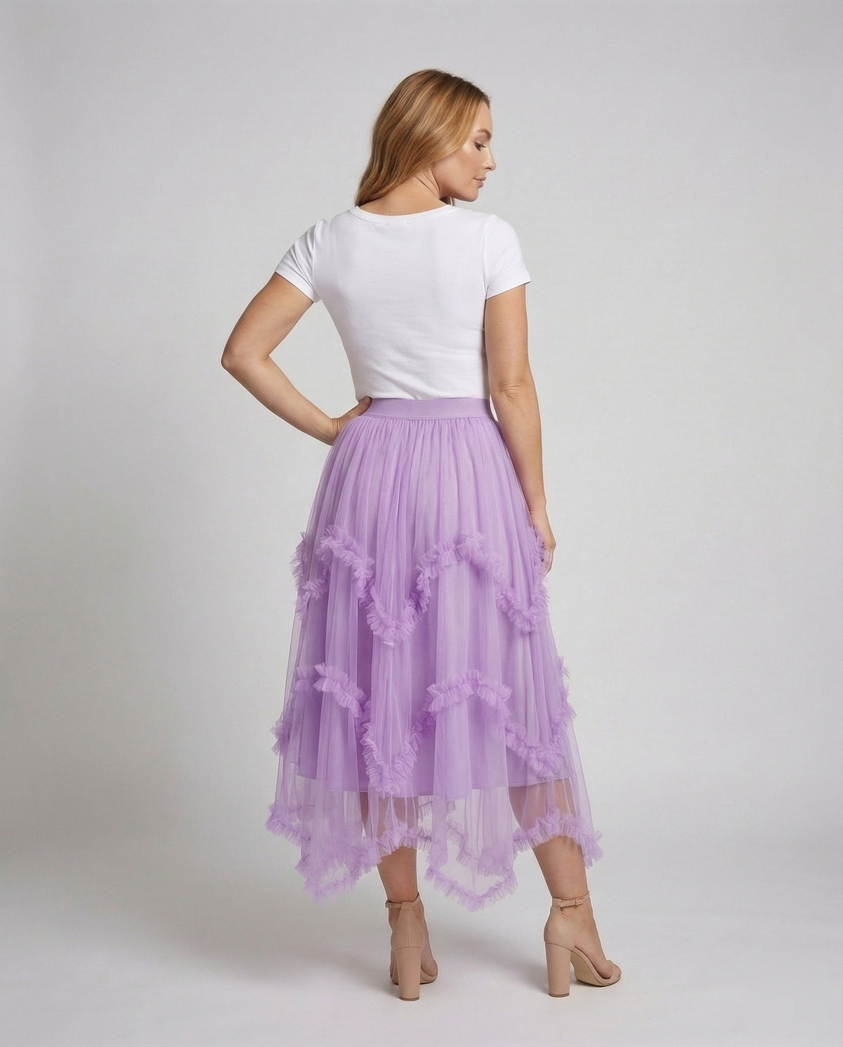 Gonna midi da donna in tulle a strati con bordo arricciato ondulato e orlo asimmetrico – Modello svasato ampio per feste e occasioni speciali