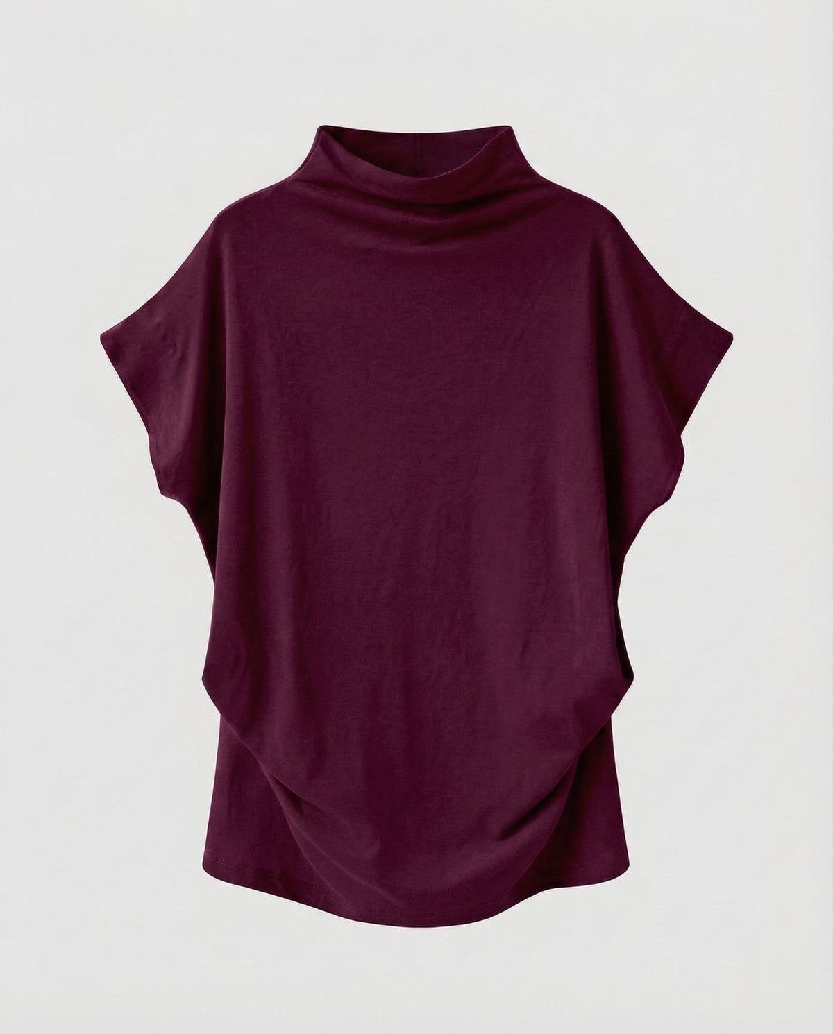 Draperet tunikatop til kvinder med høj hals og korte flagermusærmer – afslappet, lang model til hverdags- og pænt afslappede outfits