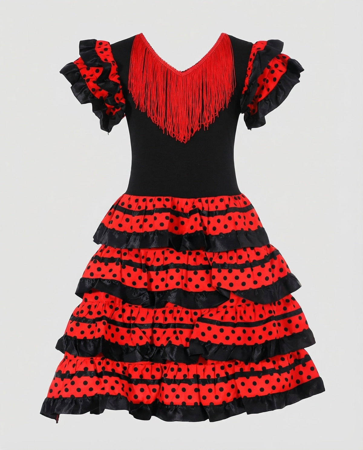 Robe pour femme d'inspiration flamenco avec col en V frangé et jupe à volants étagés - style ajusté pour les fêtes à thème et les événements de danse