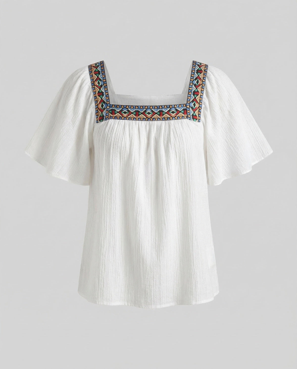 Boho-bluse til kvinder med firkantet halsudskæring, dekorative detaljer og flæseærmer – afslappet sommerstil til hverdags- og ferietøj