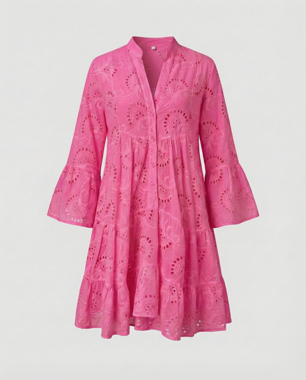 Women’s Broderie Anglaise Mini Dress with Flared Sleeves and Tiered Skirt – Relaxed Stand Collar Style for Summer Lunches and Holidays