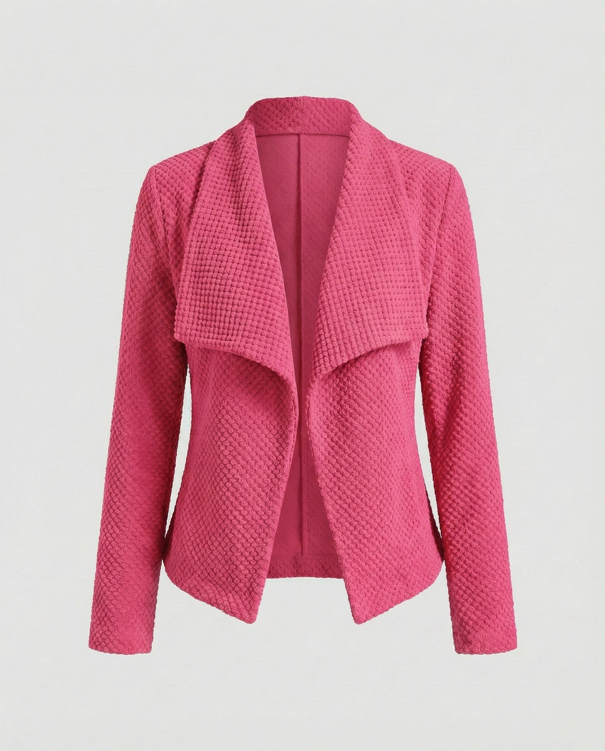 Cardigan testurizzato da donna con colletto ampio drappeggiato a cascata e maniche lunghe – Modello corto aperto sul davanti per l’ufficio e da indossare a strati nel tempo libero