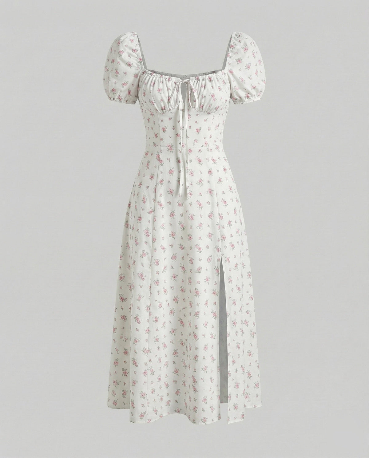 Women’s Printed Midi Dress with Puff Sleeves and Gathered Tie Neckline – Fitted Waist Style with Front Split for Summer Occasions