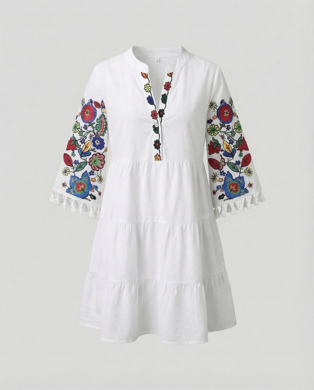 Vestido-túnica mini bordado para mulher, com mangas com franjas e saia em camadas – modelo descontraído com decote em bico para férias de verão
