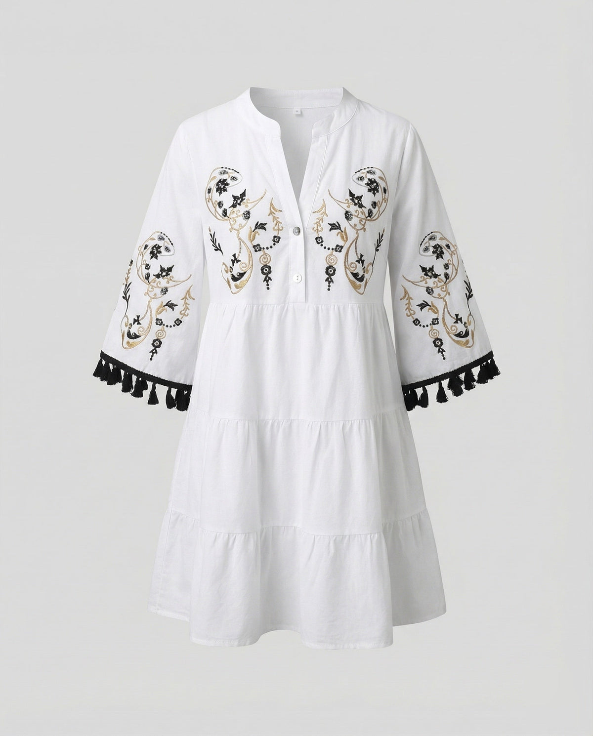 Vestido-túnica mini bordado para mulher, com mangas com franjas e saia em camadas – modelo descontraído com decote em bico para férias de verão