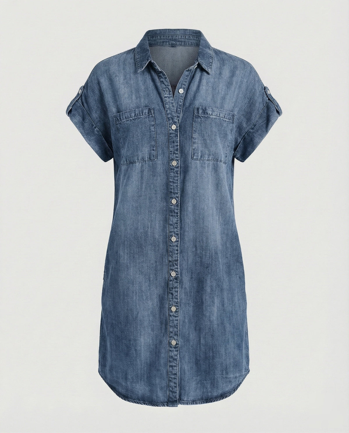 Women’s Denim Shirt Dress with Chest Pockets and Curved Hem – Relaxed Short Sleeve Style for Everyday Wear