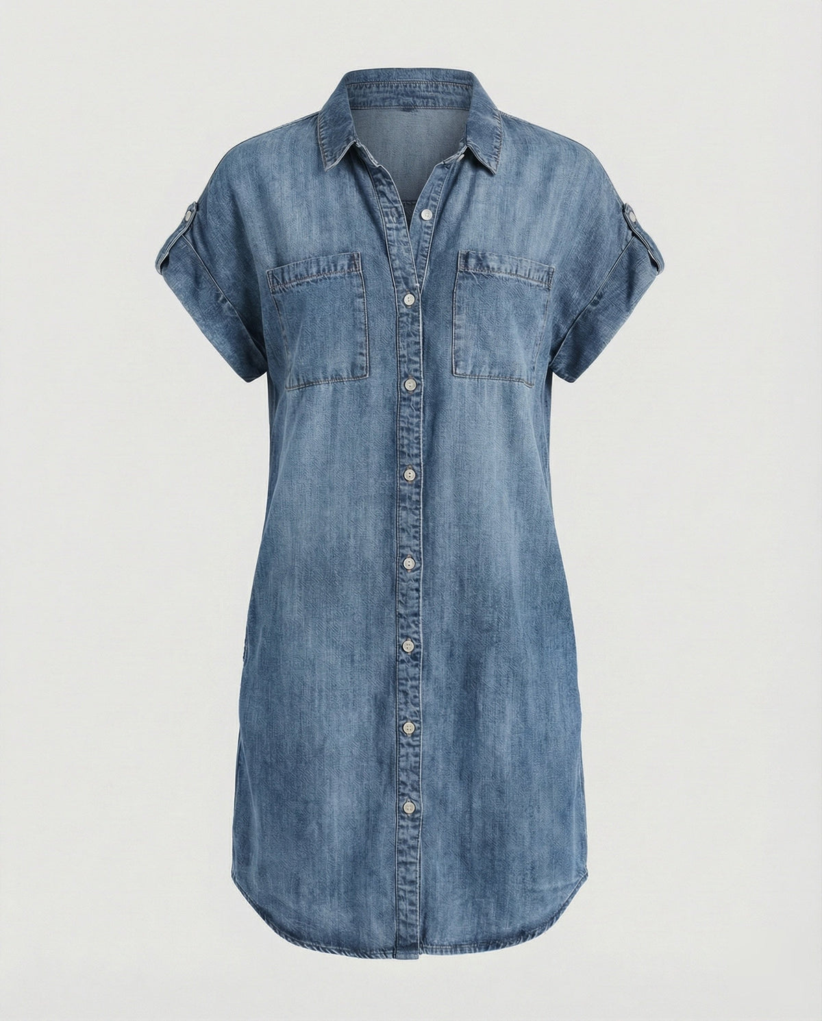Women’s Denim Shirt Dress with Chest Pockets and Curved Hem – Relaxed Short Sleeve Style for Everyday Wear