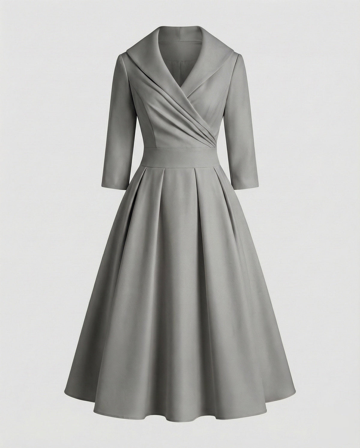 Vestido midi de senhora com gola de xaile, corpete com efeito cruzado e cintura marcada - estilo rodado de inspiração retro para ocasiões especiais