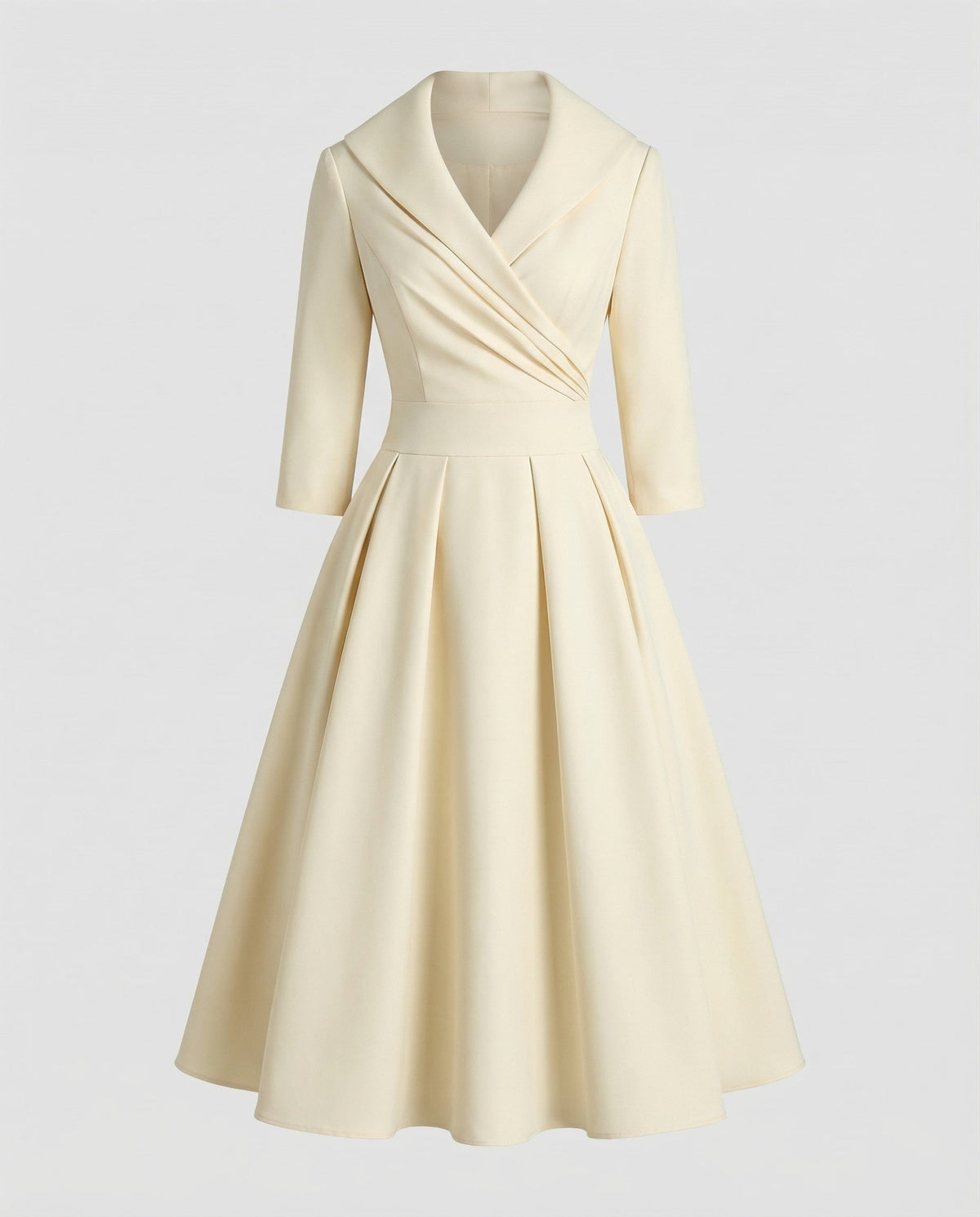 Vestido midi de senhora com gola de xaile, corpete com efeito cruzado e cintura marcada - estilo rodado de inspiração retro para ocasiões especiais