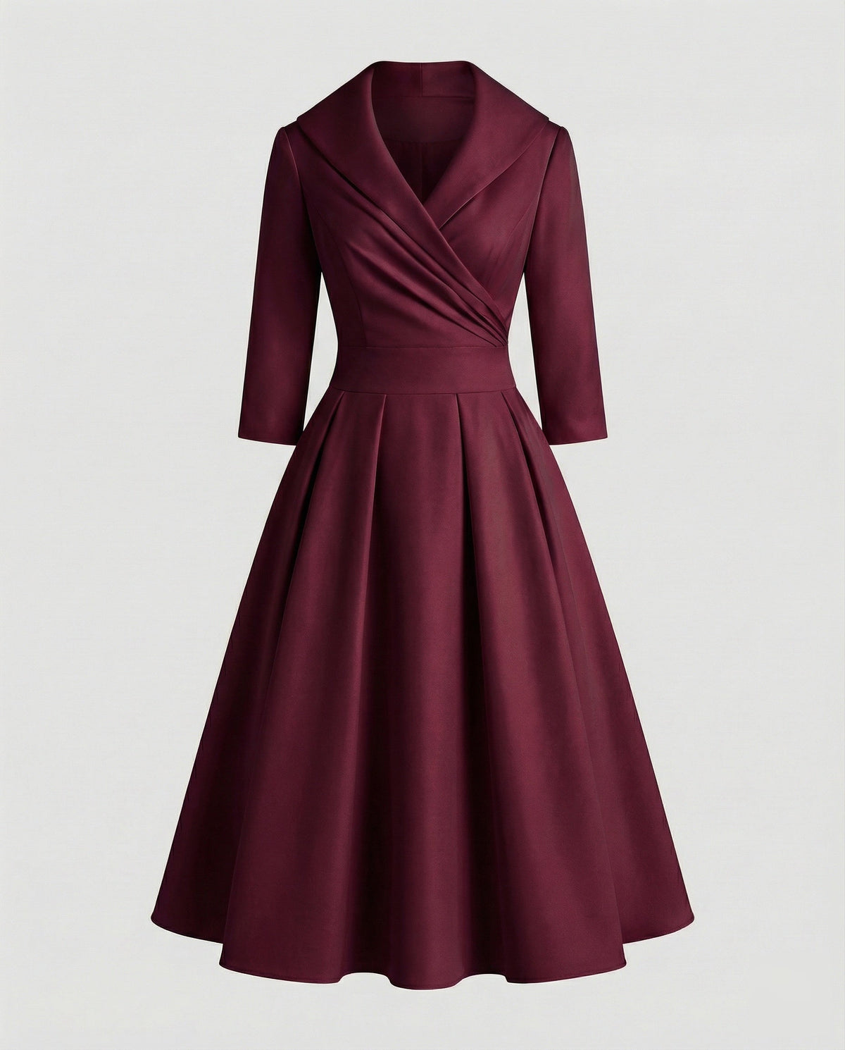 Vestido midi de senhora com gola de xaile, corpete com efeito cruzado e cintura marcada - estilo rodado de inspiração retro para ocasiões especiais