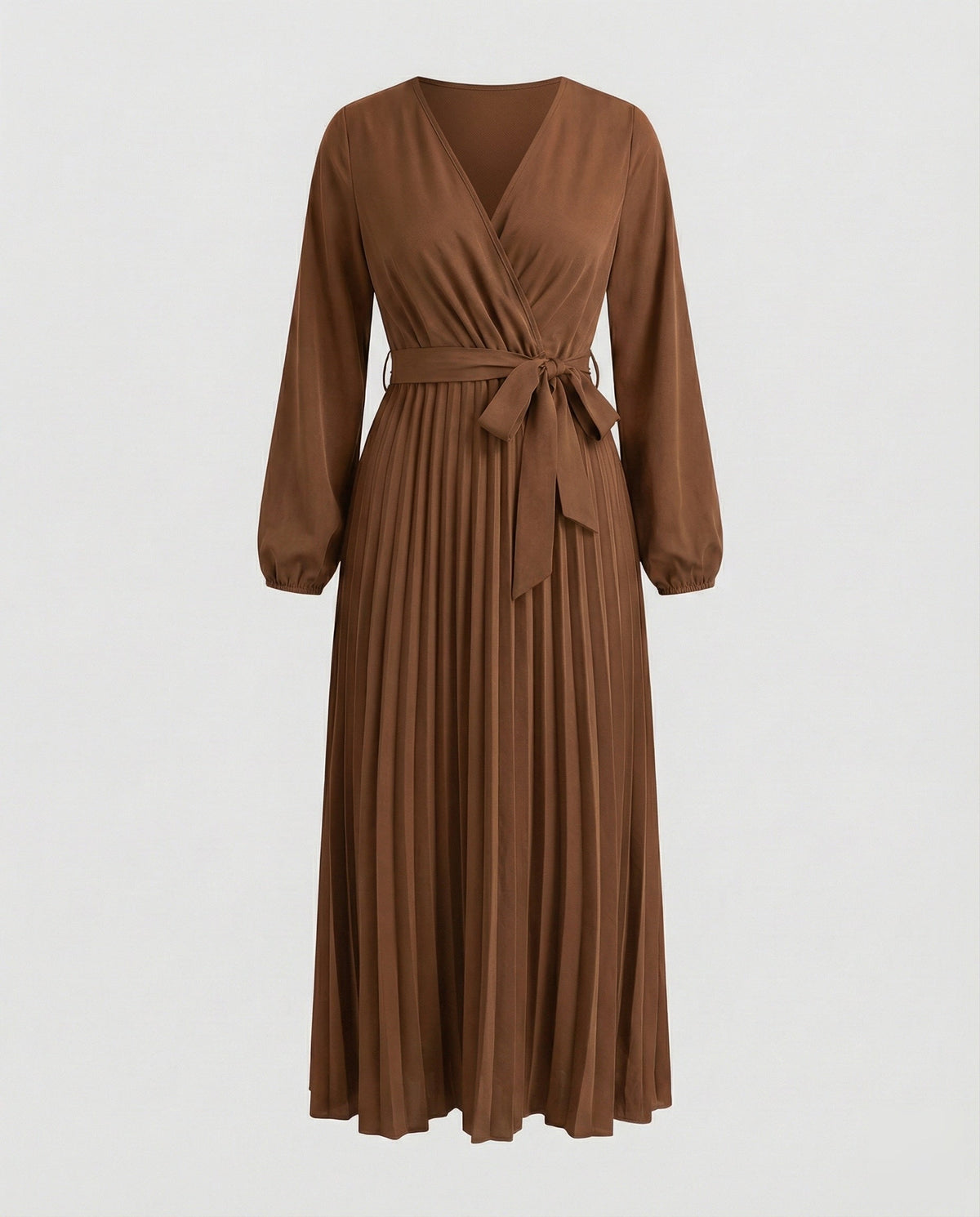 Vestido largo plisado de mujer con escote cruzado y cintura con lazo - mangas largas abullonadas para ocasiones elegantes