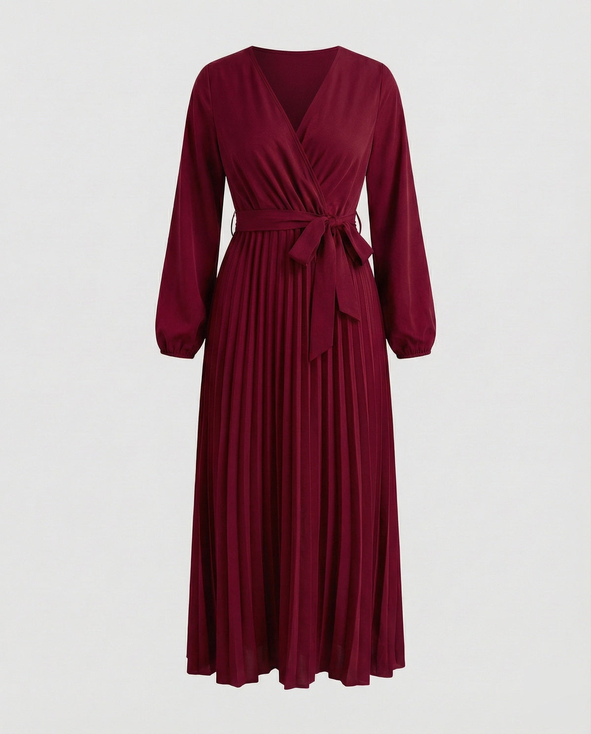 Vestido largo plisado de mujer con escote cruzado y cintura con lazo - mangas largas abullonadas para ocasiones elegantes