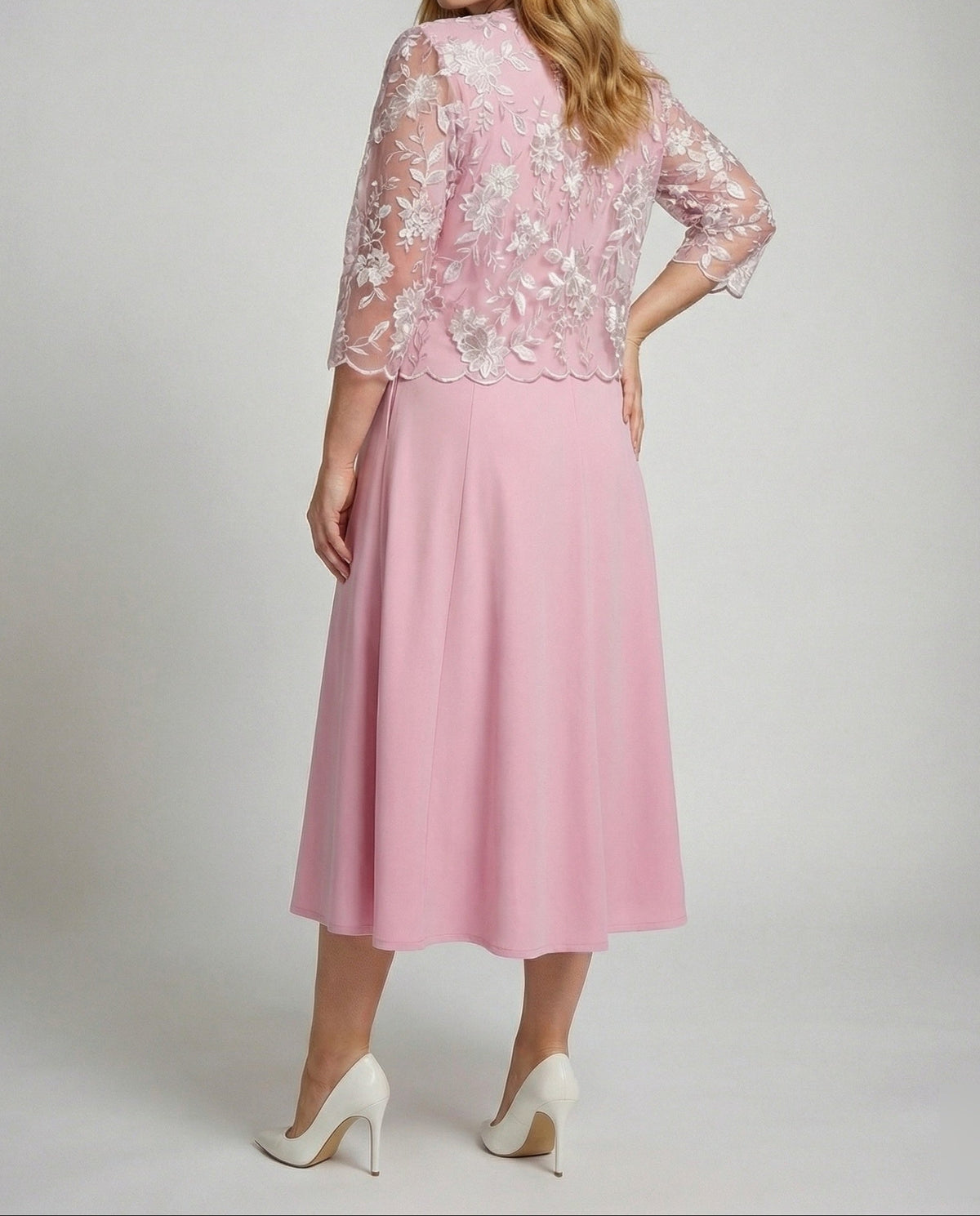 Set de rochie midi pentru femei și jachetă din dantelă brodată – stil evazat pentru ocazii, cu margini festonate și mâneci trei sferturi