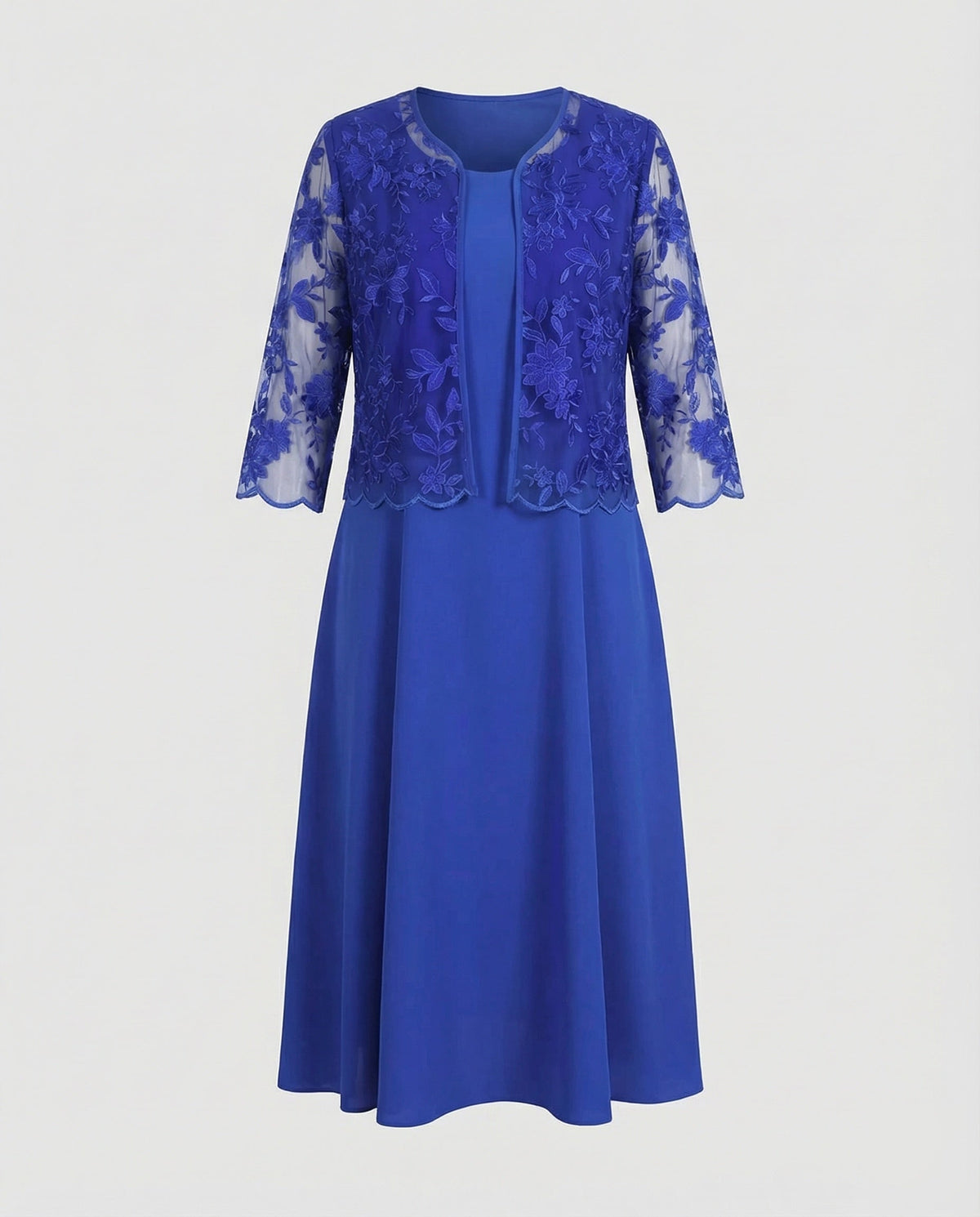 Set de rochie midi pentru femei și jachetă din dantelă brodată – stil evazat pentru ocazii, cu margini festonate și mâneci trei sferturi