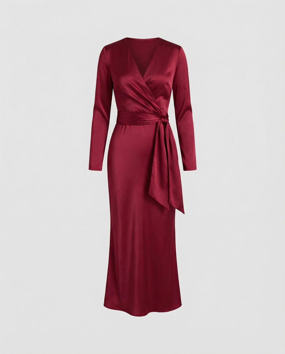 Maxikjole i satin med slå-om-effekt, knude i taljen og lange ærmer – elegant stil til særlige lejligheder