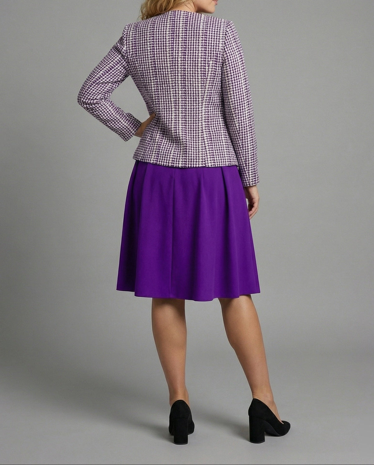 Conjunto de vestido midi y chaqueta sin cuello de dos piezas para mujer - falda plisada y prenda exterior entallada para ocasiones especiales