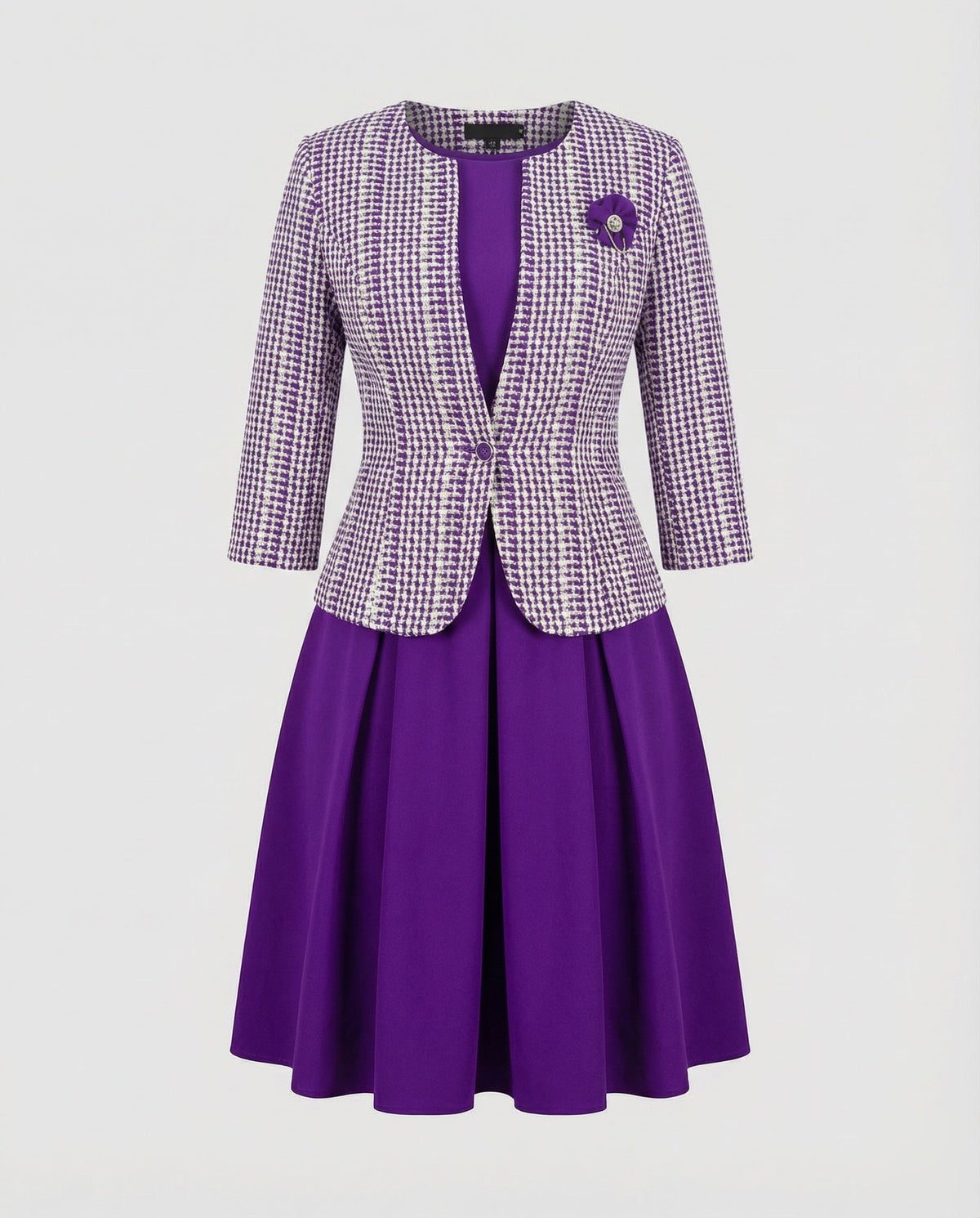 Conjunto de vestido midi y chaqueta sin cuello de dos piezas para mujer - falda plisada y prenda exterior entallada para ocasiones especiales
