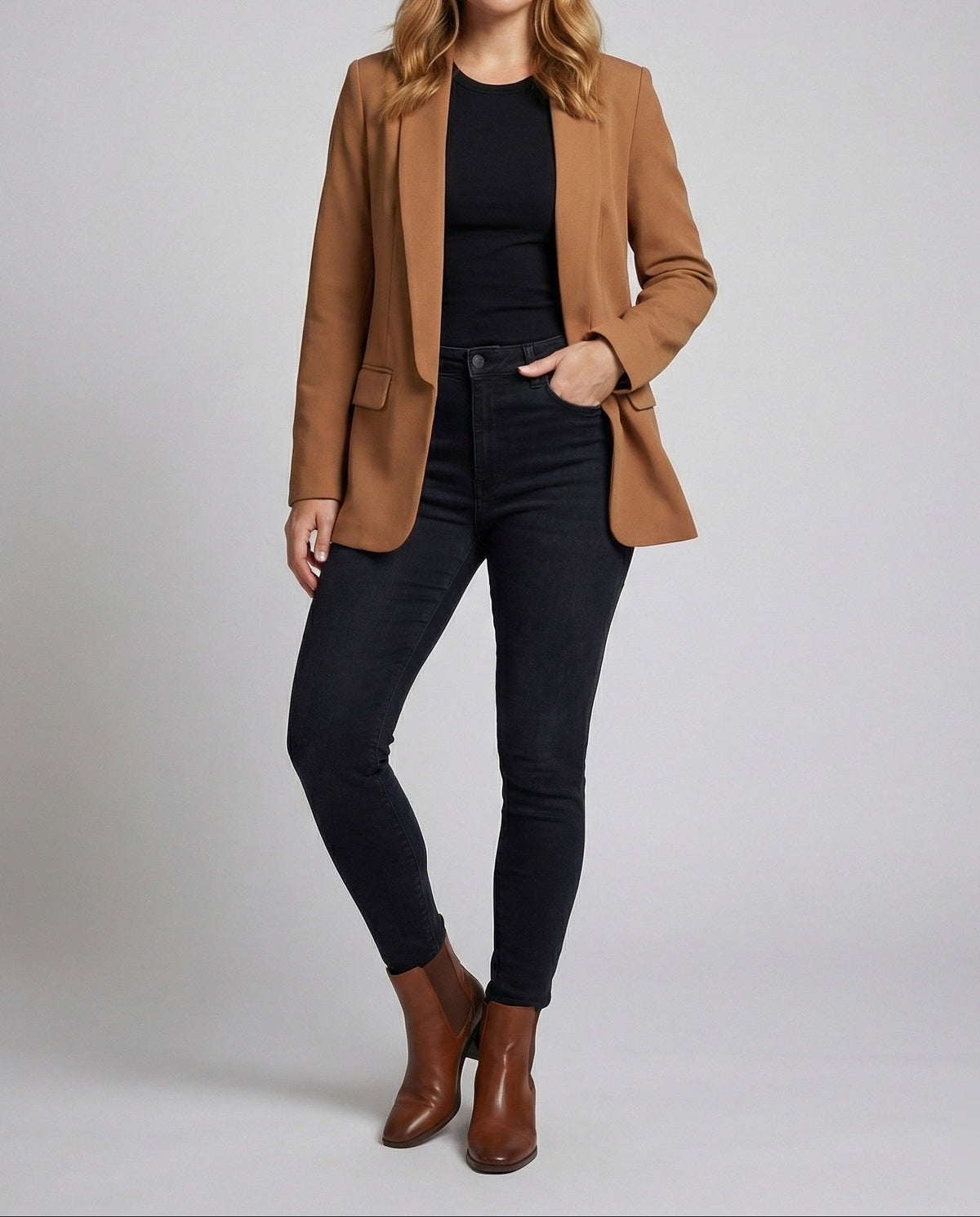 Blazer lungo da donna aperto sul davanti con collo a scialle – Giacca minimalista, ideale per il lavoro e da indossare a strati nel fine settimana