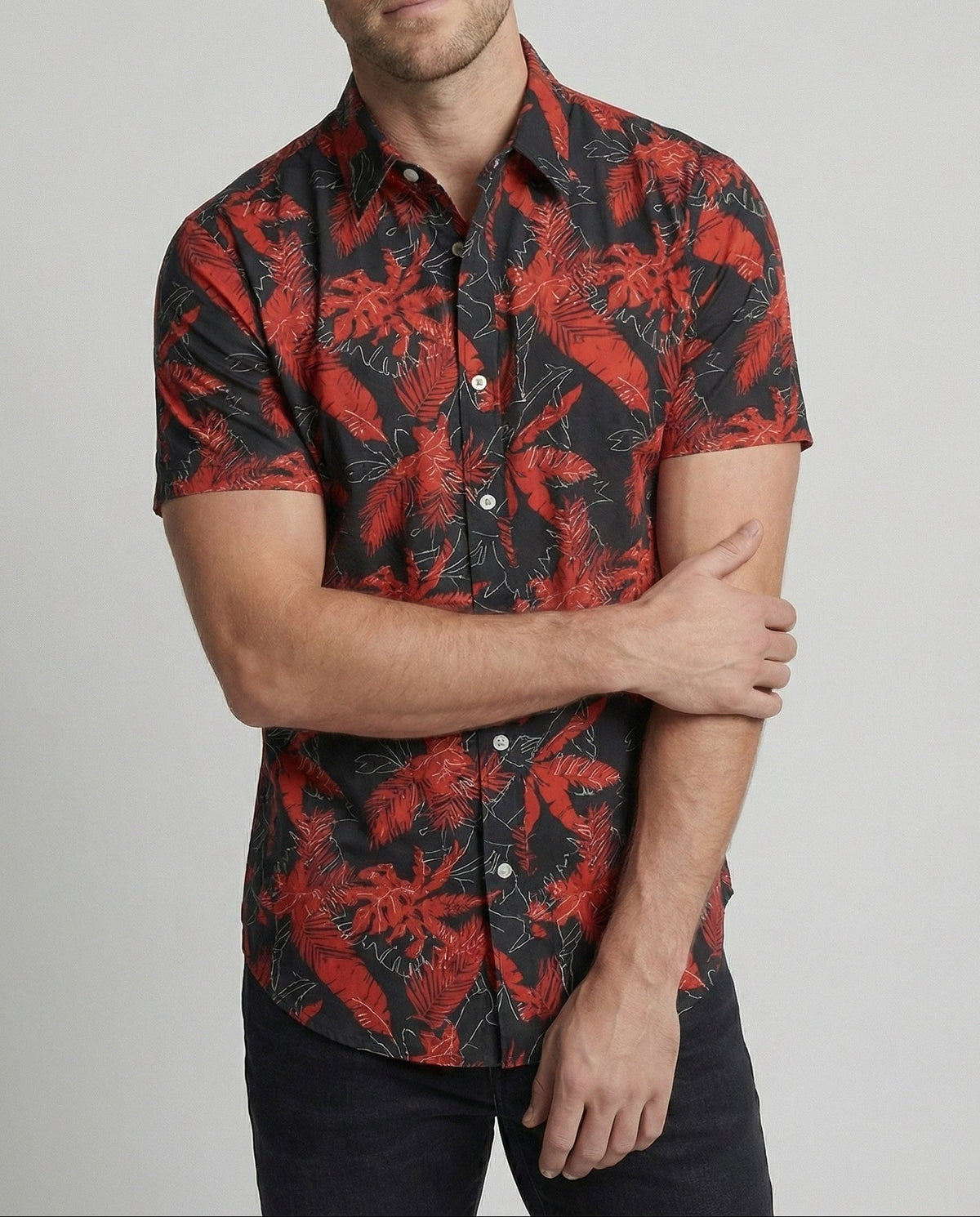 Chemise imprimée à manches courtes pour homme avec col pointu – Chemise ajustée à boutons pour les vacances d’été et les soirées