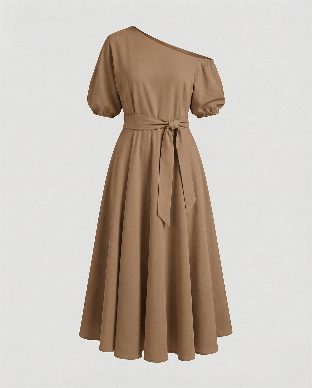 Bardot-Midikleid für Damen mit Puffärmeln und Bindegürtel – Modell mit weitem Rock für sommerliche Anlässe