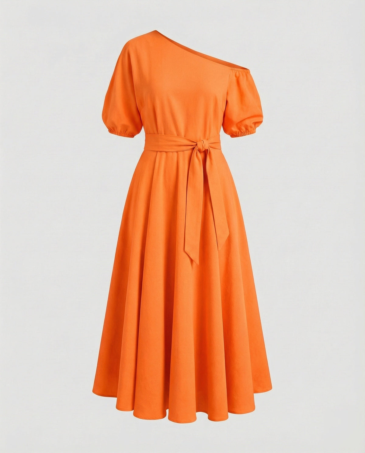 Bardot-Midikleid für Damen mit Puffärmeln und Bindegürtel – Modell mit weitem Rock für sommerliche Anlässe