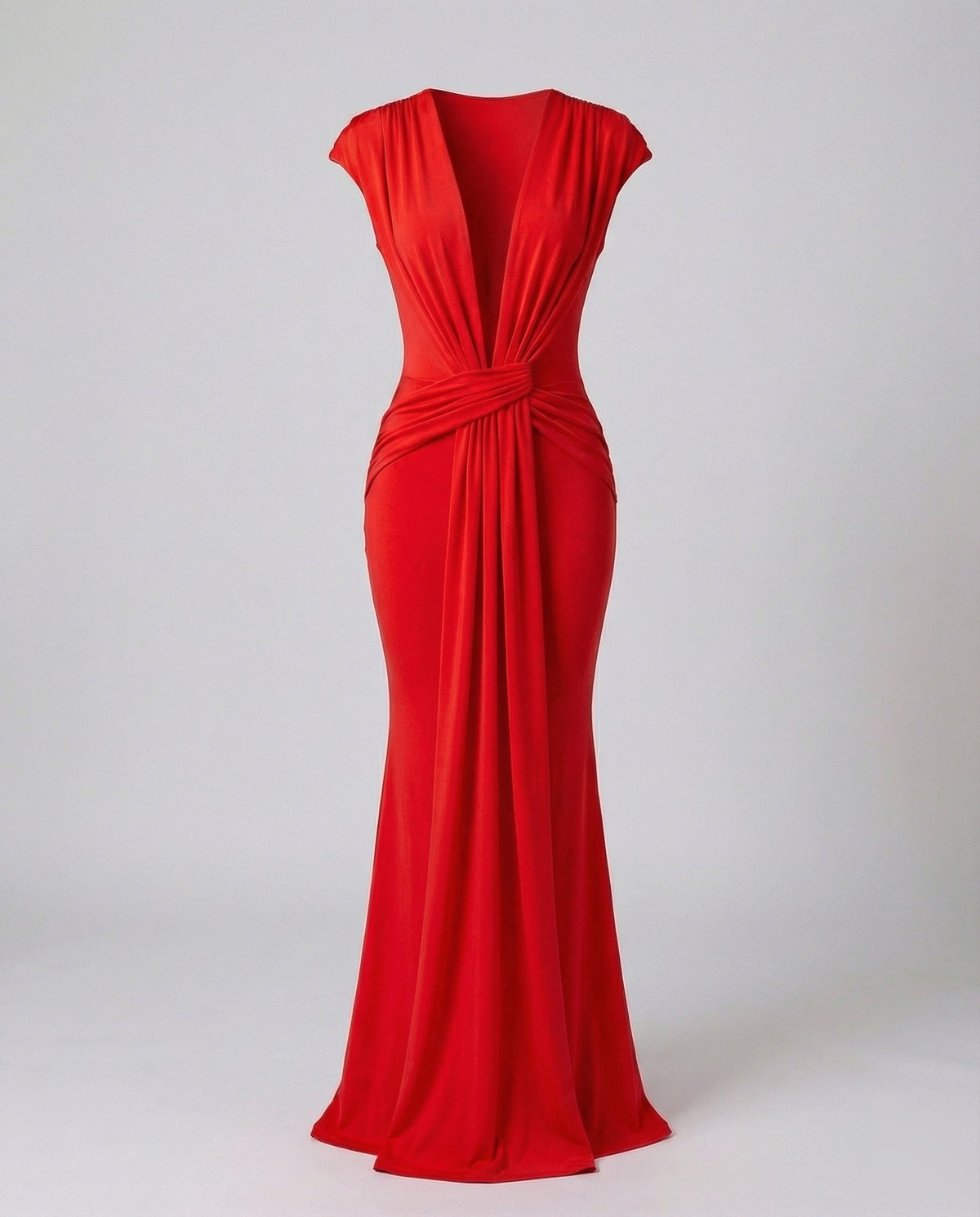 Robe longue à décolleté plongeant pour femme, avec taille drapée - Robe de soirée à manches courtes et panneau frontal fluide pour les occasions formelles