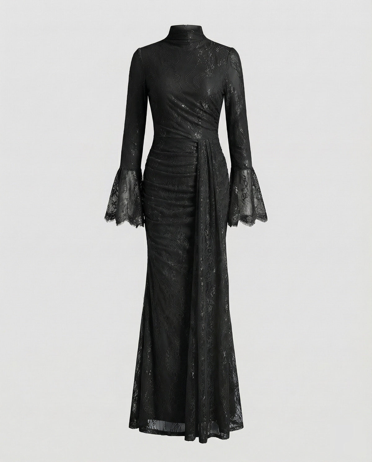 Robe longue en dentelle à col montant pour femme, avec taille froncée – Manches cloche transparentes et drapé superposé, idéale pour les occasions formelles