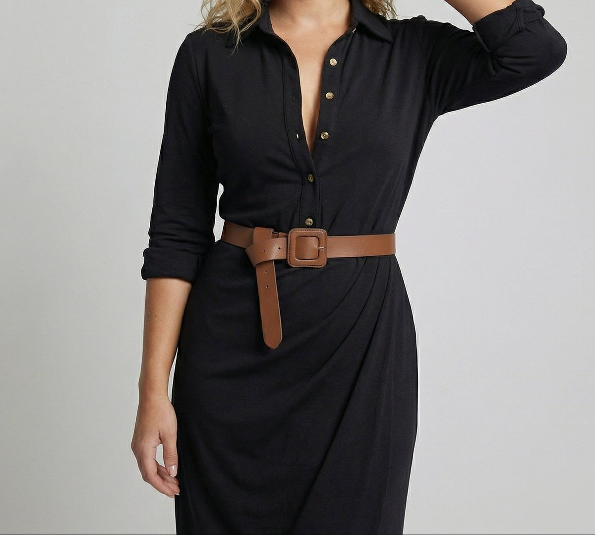 Vestido camisero largo para mujer con cuello y cintura drapeada - Estilo de manga larga y cuerpo abotonado para el trabajo y cenas