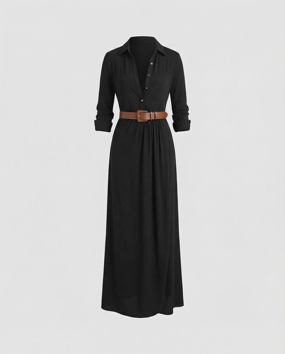 Vestido camisero largo para mujer con cuello y cintura drapeada - Estilo de manga larga y cuerpo abotonado para el trabajo y cenas