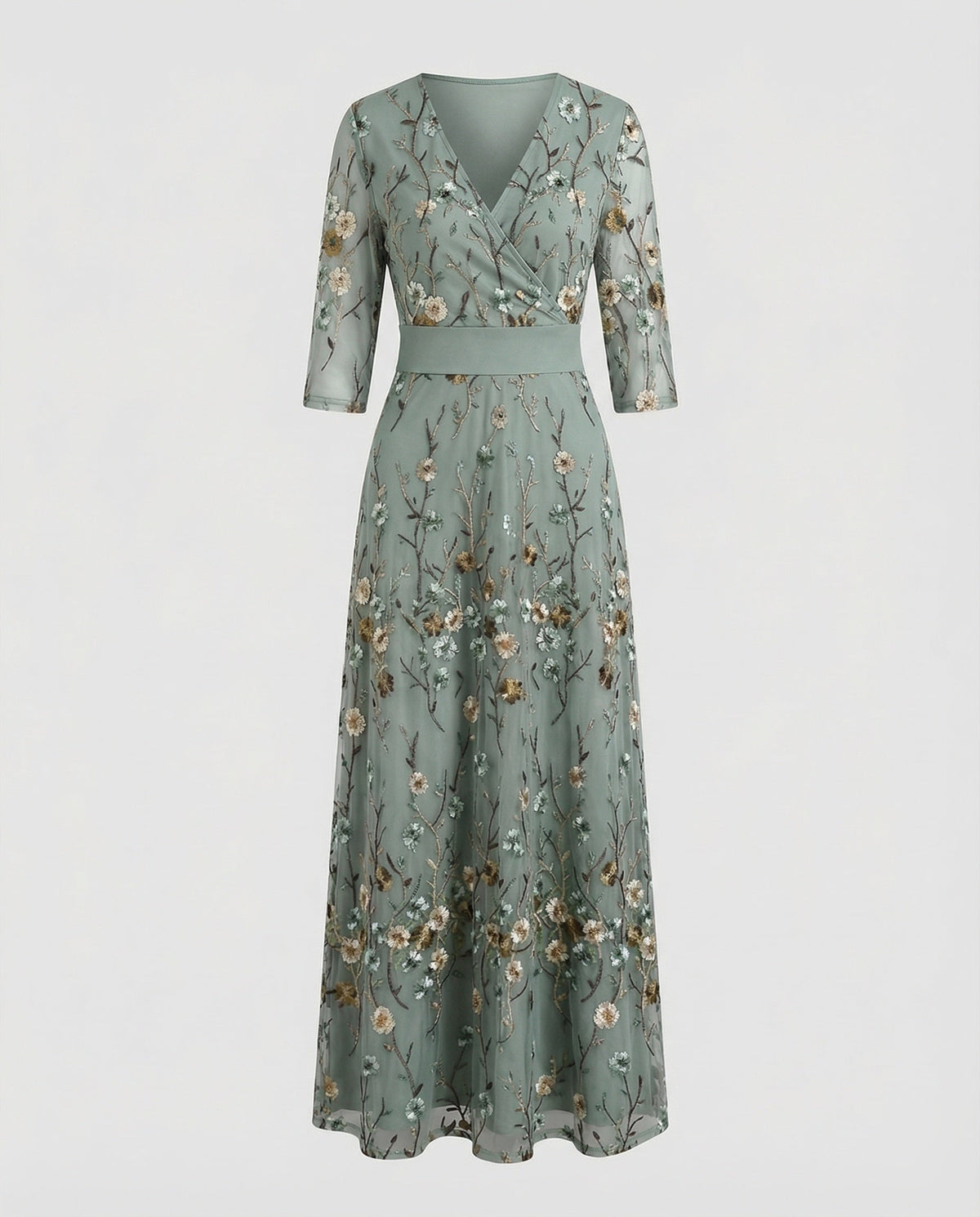 Robe longue imprimée pour femme à effet portefeuille et manches trois-quarts – Taille marquée et jupe évasée pour les réunions estivales