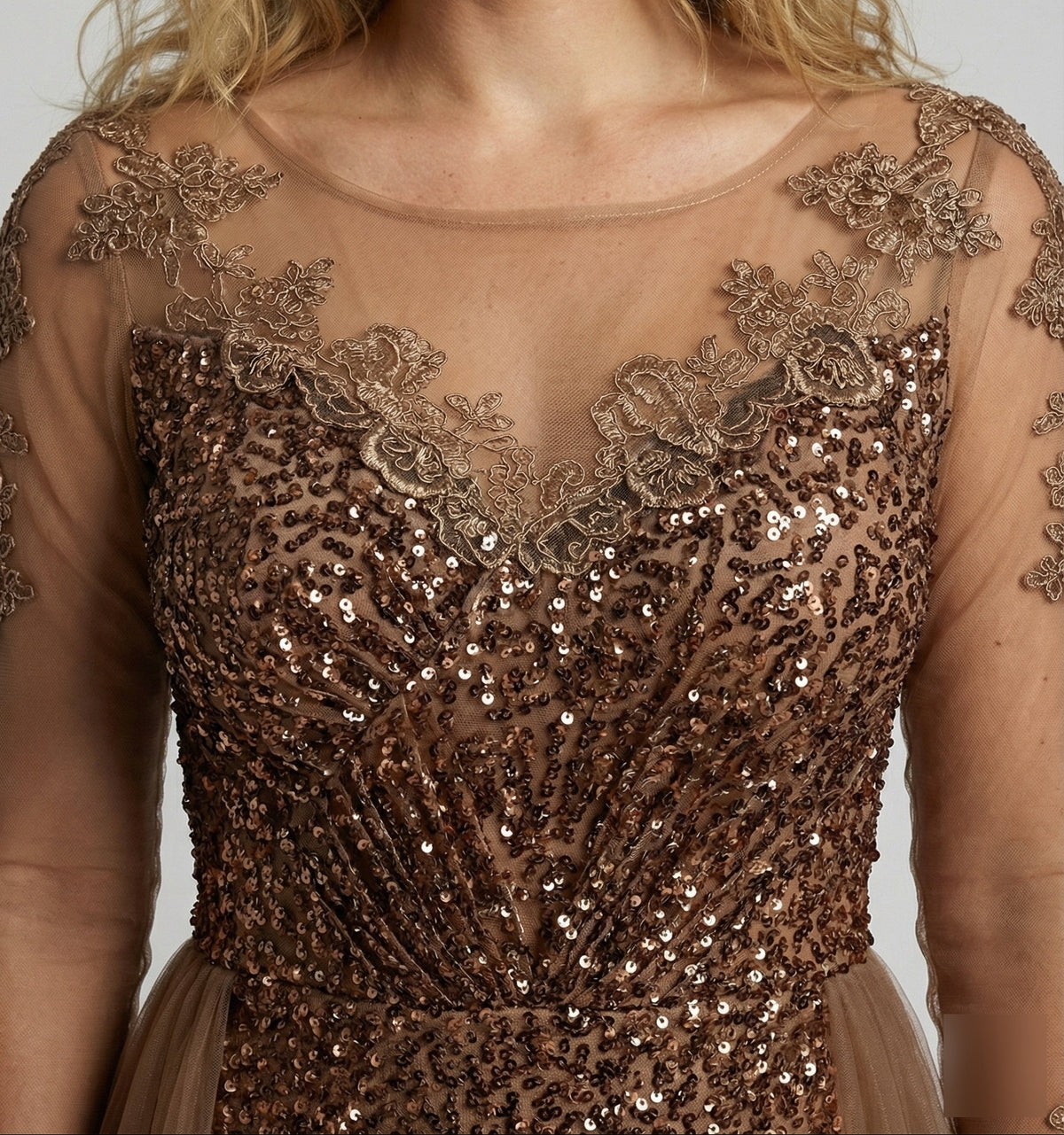 Robe de soirée sirène à sequins pour femme, avec manches transparentes et jupe extérieure en tulle – Robe longue pour les célébrations officielles
