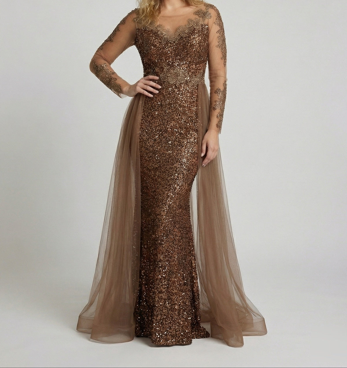 Robe de soirée sirène à sequins pour femme, avec manches transparentes et jupe extérieure en tulle – Robe longue pour les célébrations officielles
