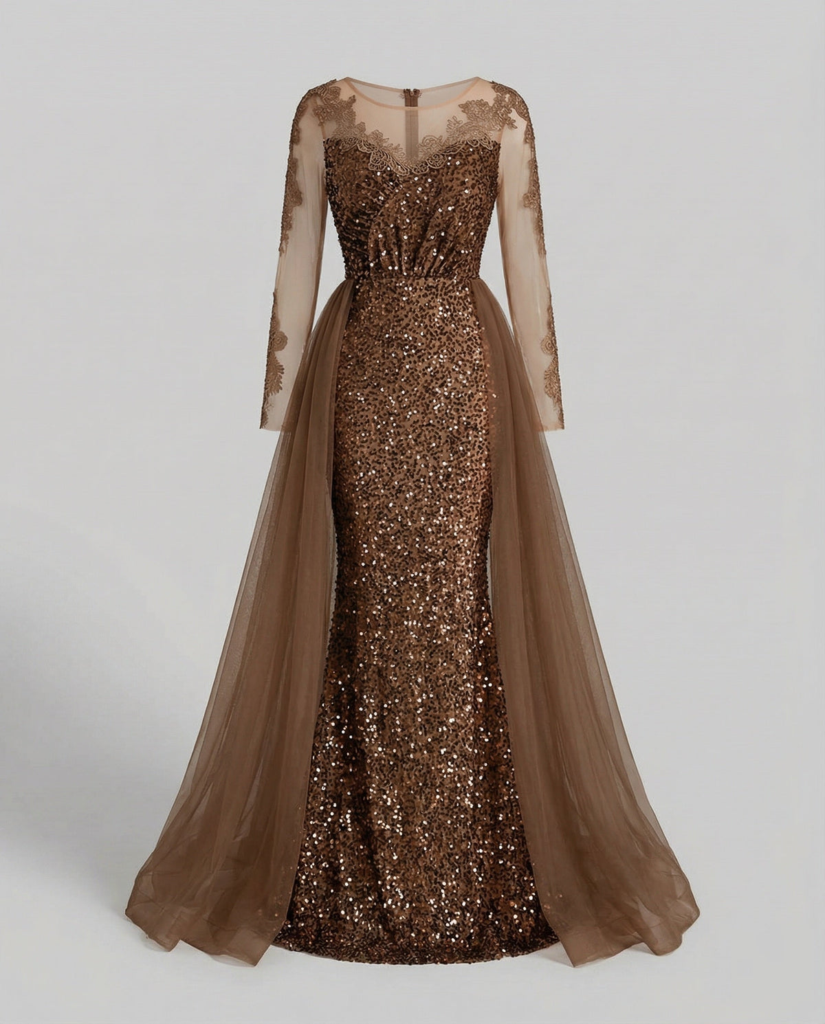 Robe de soirée sirène à sequins pour femme, avec manches transparentes et jupe extérieure en tulle – Robe longue pour les célébrations officielles