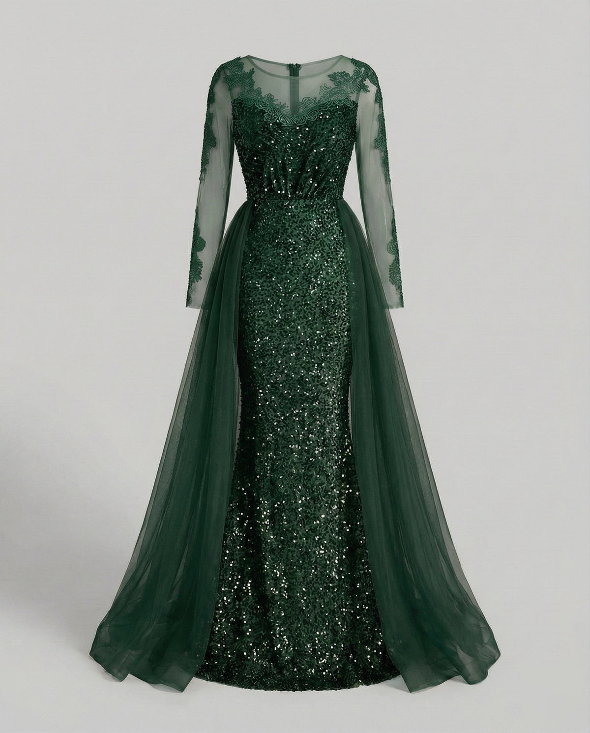 Robe de soirée sirène à sequins pour femme, avec manches transparentes et jupe extérieure en tulle – Robe longue pour les célébrations officielles