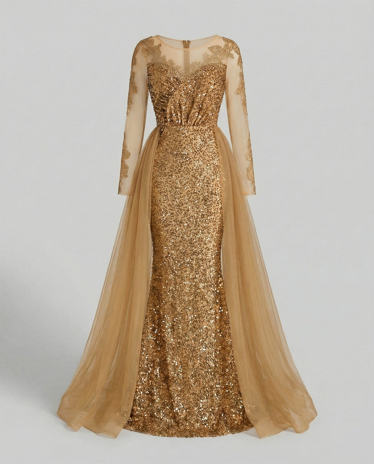 Robe de soirée sirène à sequins pour femme, avec manches transparentes et jupe extérieure en tulle – Robe longue pour les célébrations officielles