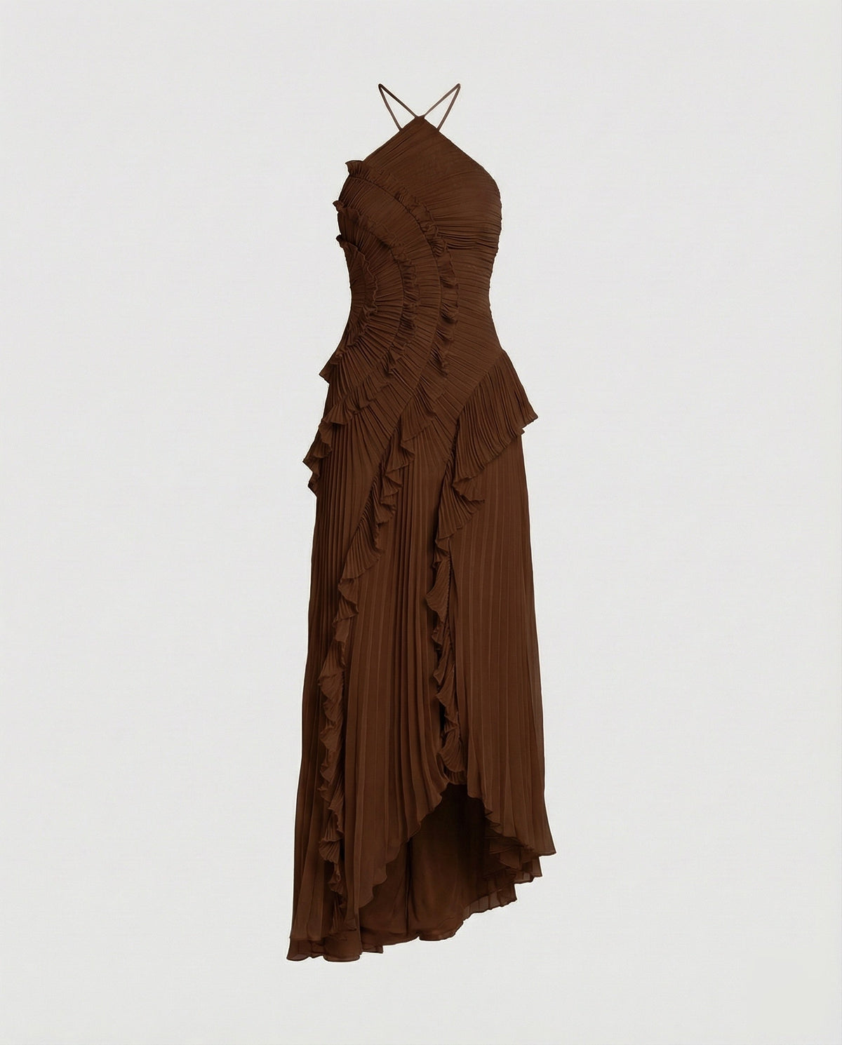 Vestido largo plisado para mujer con cuello halter y volantes estructurados - Vestido con bajo asimétrico para bodas y celebraciones nocturnas