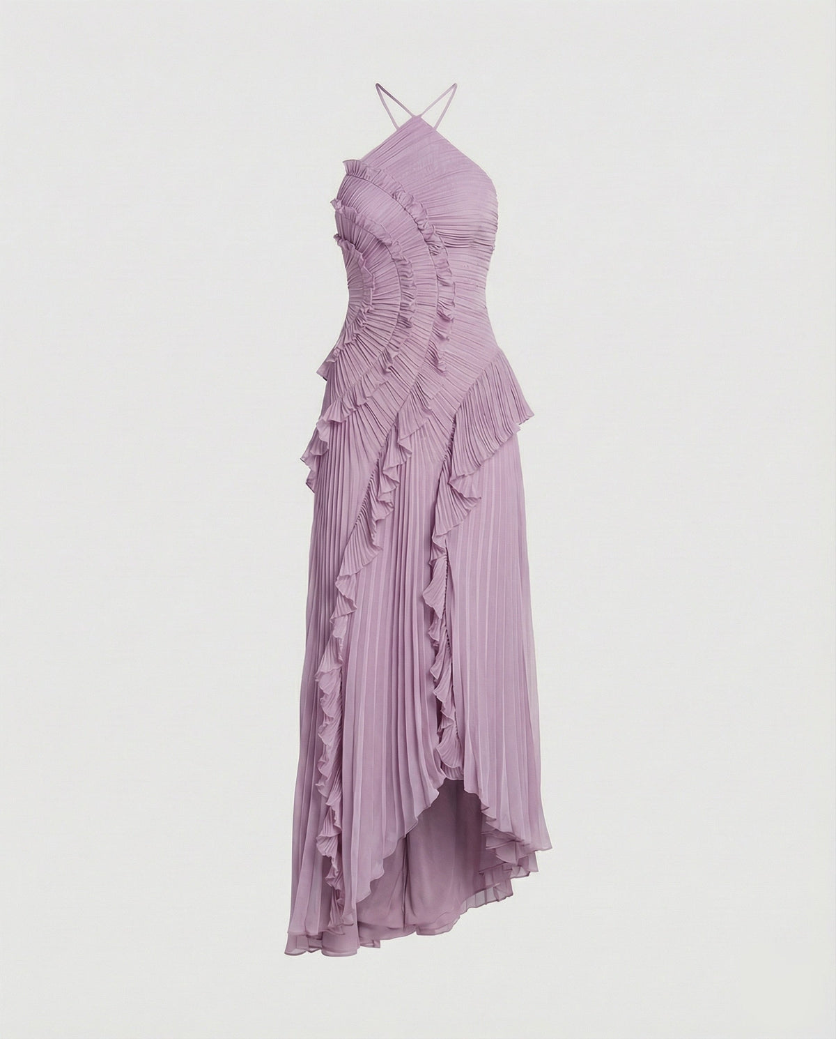 Vestido largo plisado para mujer con cuello halter y volantes estructurados - Vestido con bajo asimétrico para bodas y celebraciones nocturnas