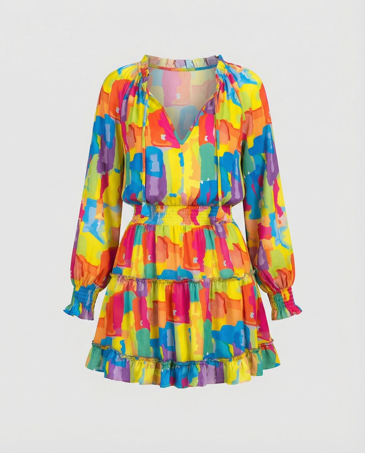 Robe courte imprimée à volants pour femme, avec taille froncée – Manches longues ballon et col à nouer pour les sorties décontractées