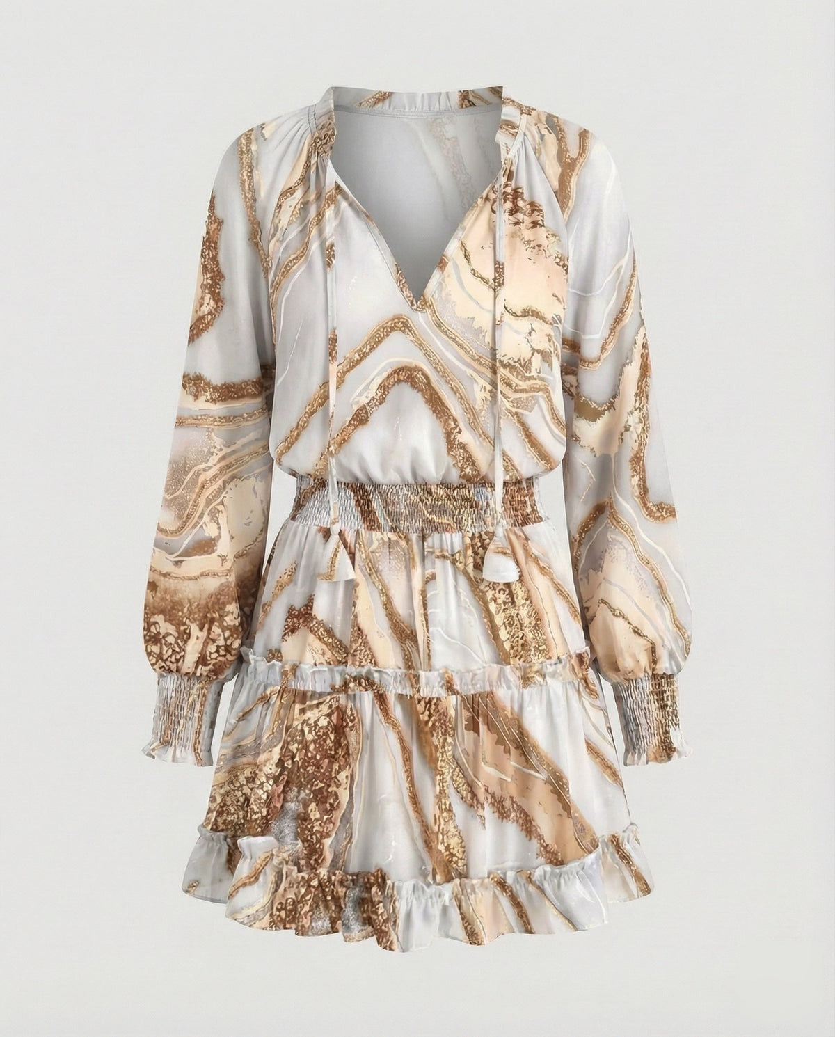 Robe courte imprimée à volants pour femme, avec taille froncée – Manches longues ballon et col à nouer pour les sorties décontractées