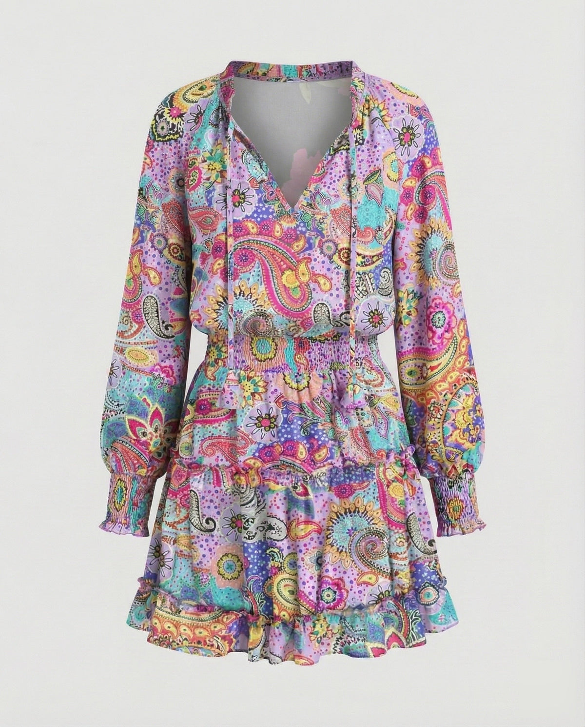 Robe courte imprimée à volants pour femme, avec taille froncée – Manches longues ballon et col à nouer pour les sorties décontractées