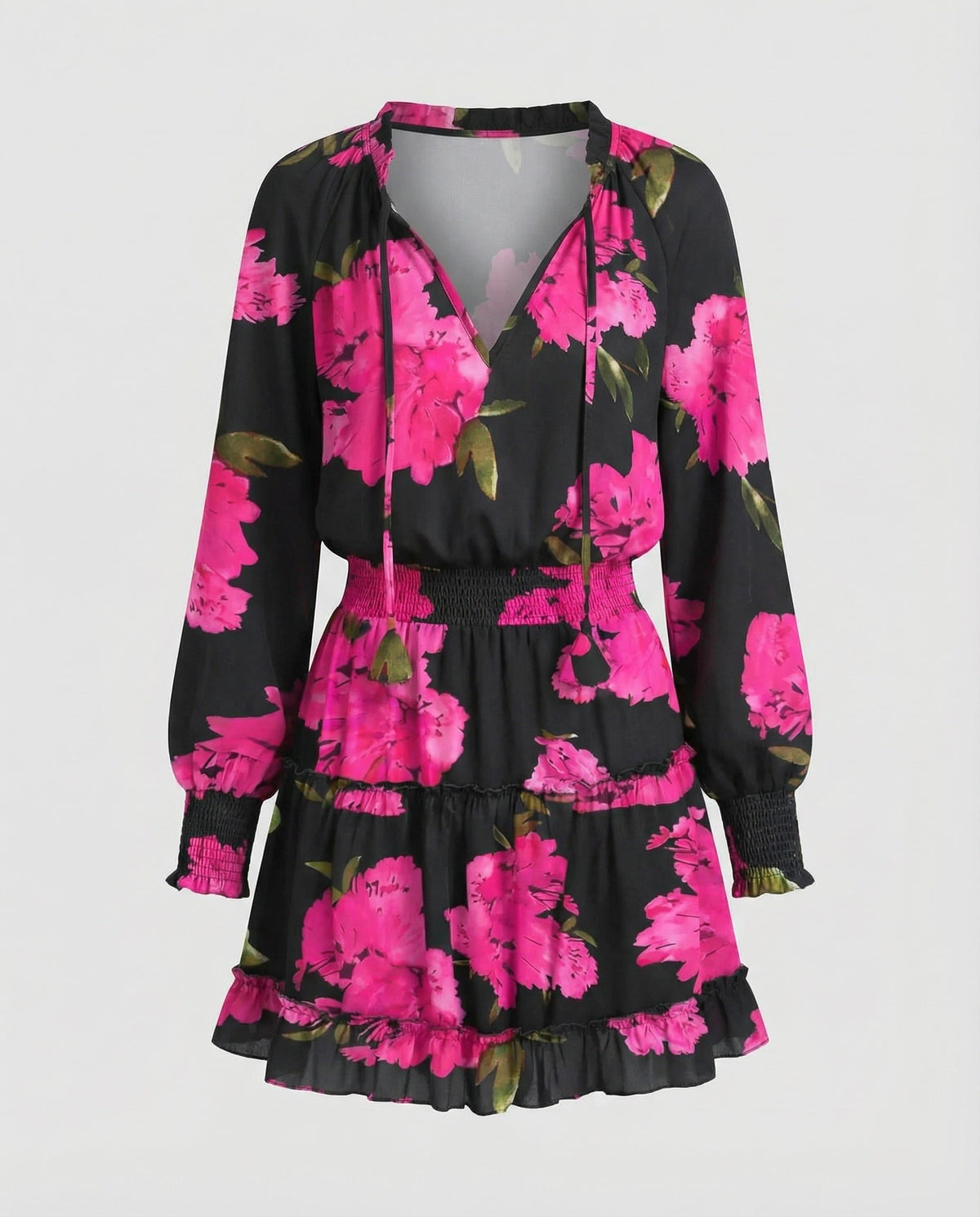 Robe courte imprimée à volants pour femme, avec taille froncée – Manches longues ballon et col à nouer pour les sorties décontractées