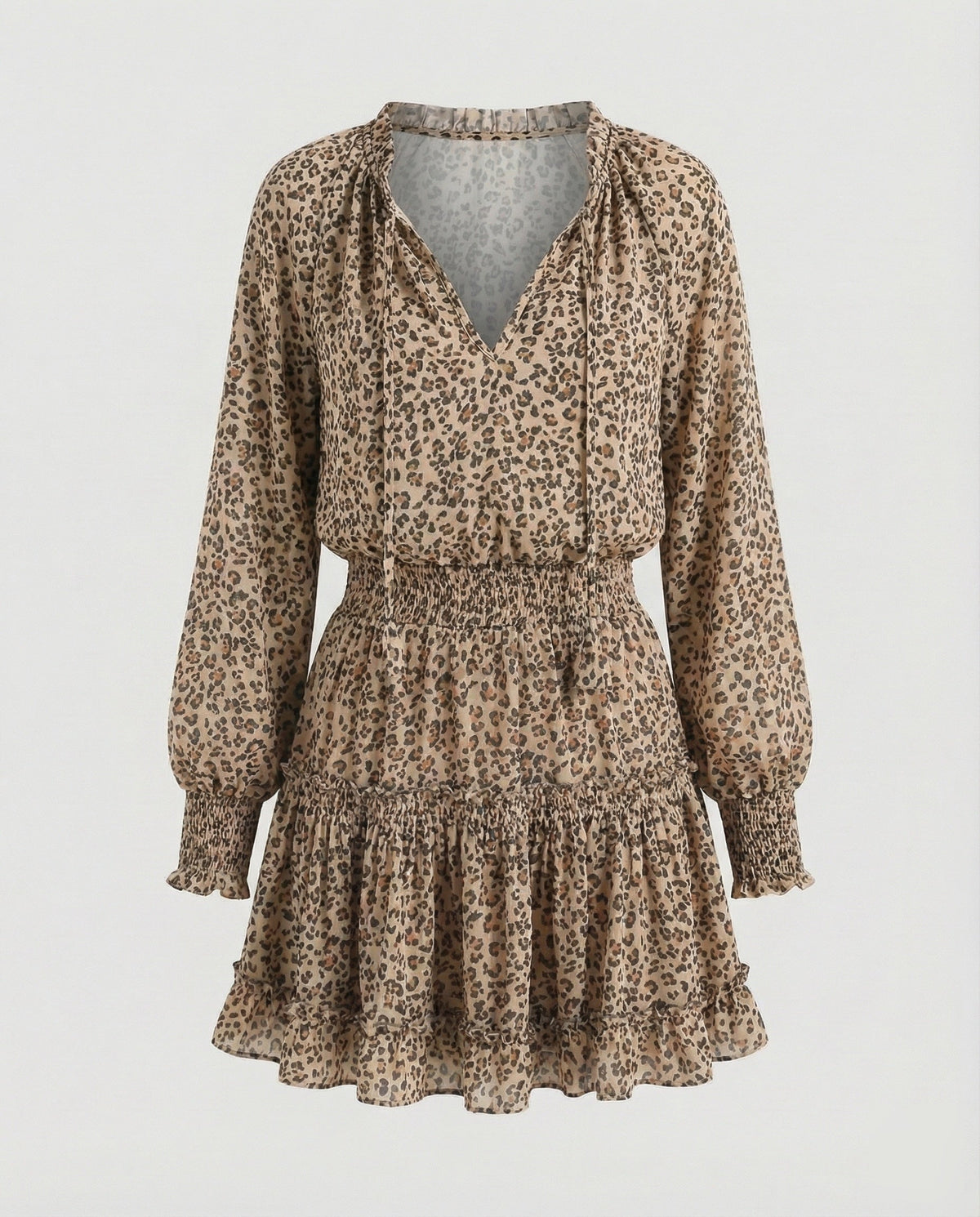 Robe courte imprimée à volants pour femme, avec taille froncée – Manches longues ballon et col à nouer pour les sorties décontractées