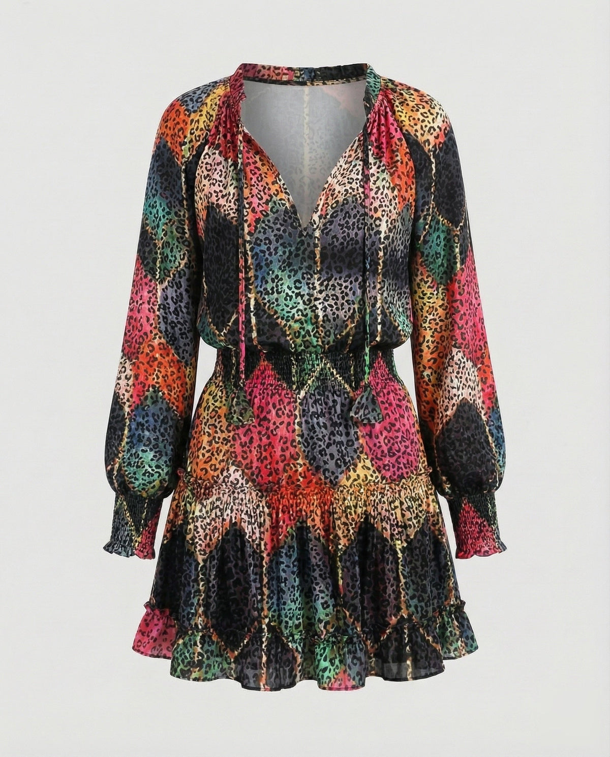 Robe courte imprimée à volants pour femme, avec taille froncée – Manches longues ballon et col à nouer pour les sorties décontractées