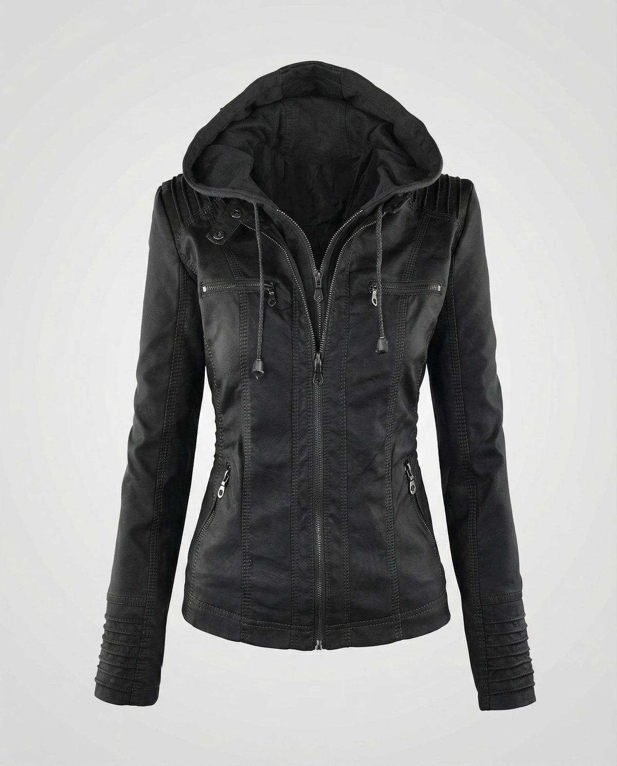 Veste motard à capuche en similicuir pour femme, avec poches zippées - Coupe ajustée et coutures apparentes, idéale pour l’automne et le printemps