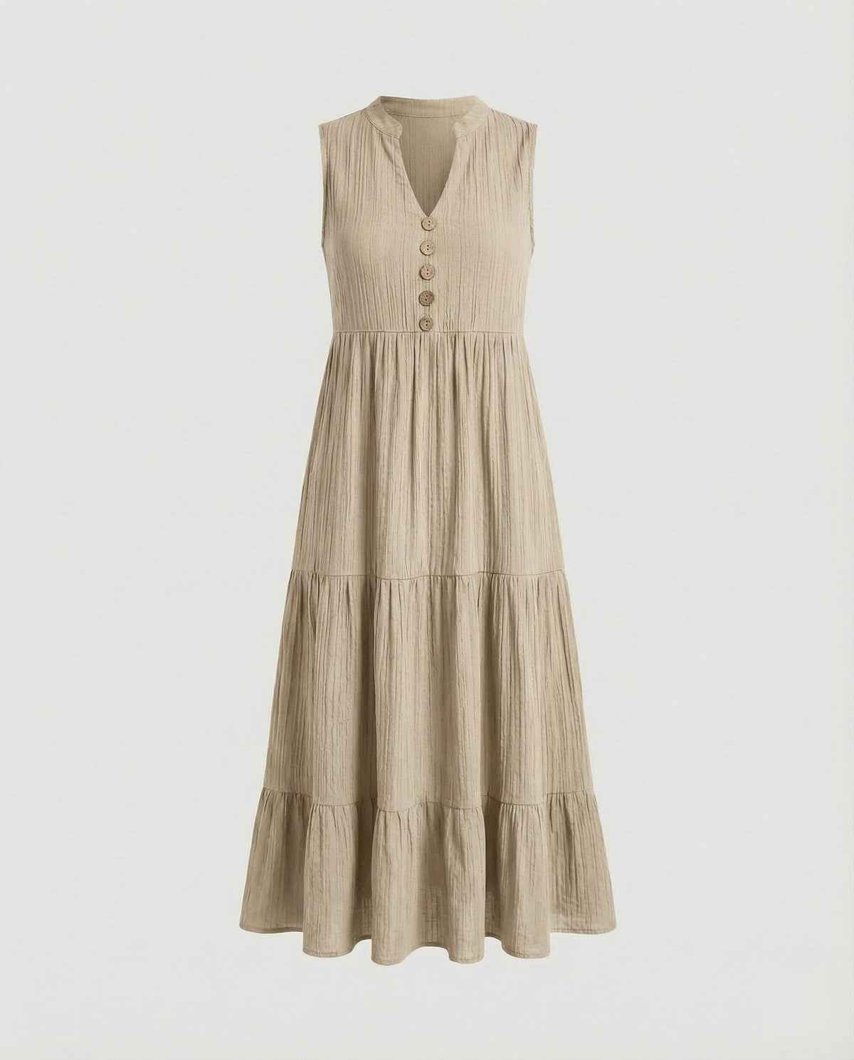 Robe midi texturée à volants pour femme, avec encolure échancrée – Modèle sans manches à détails boutonnés, idéal pour les vacances d’été et les sorties de tous les jours