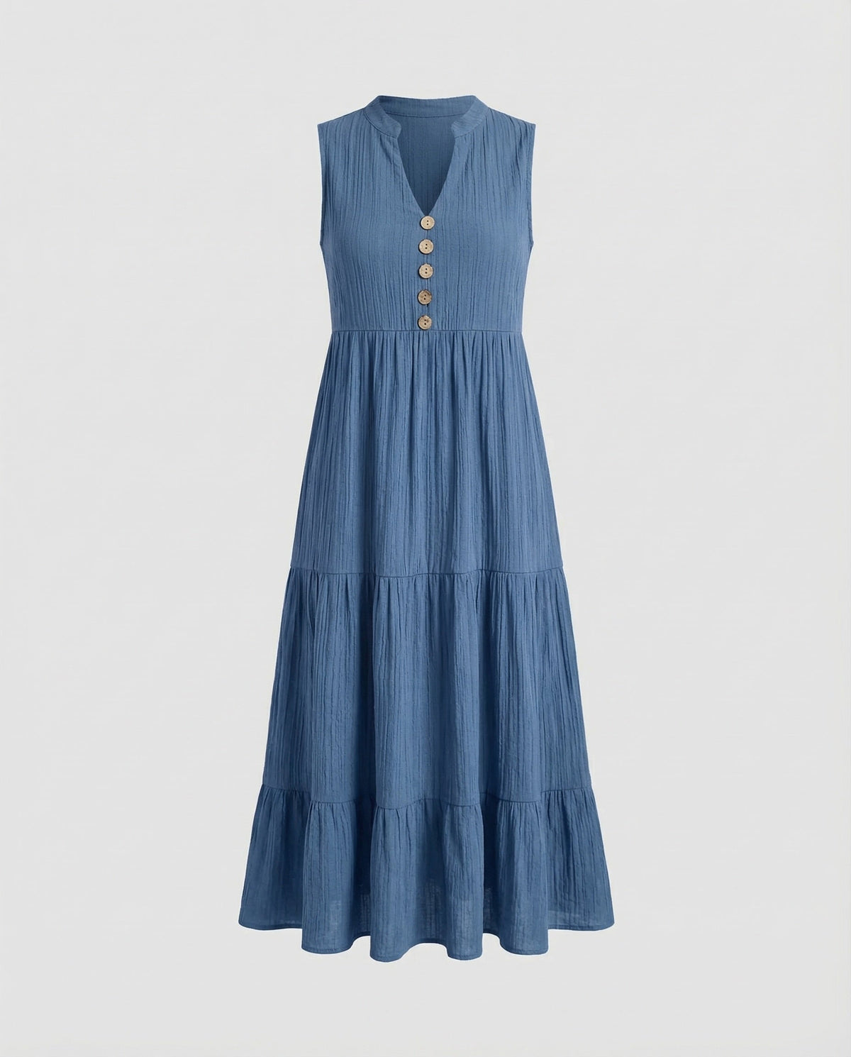 Robe midi texturée à volants pour femme, avec encolure échancrée – Modèle sans manches à détails boutonnés, idéal pour les vacances d’été et les sorties de tous les jours
