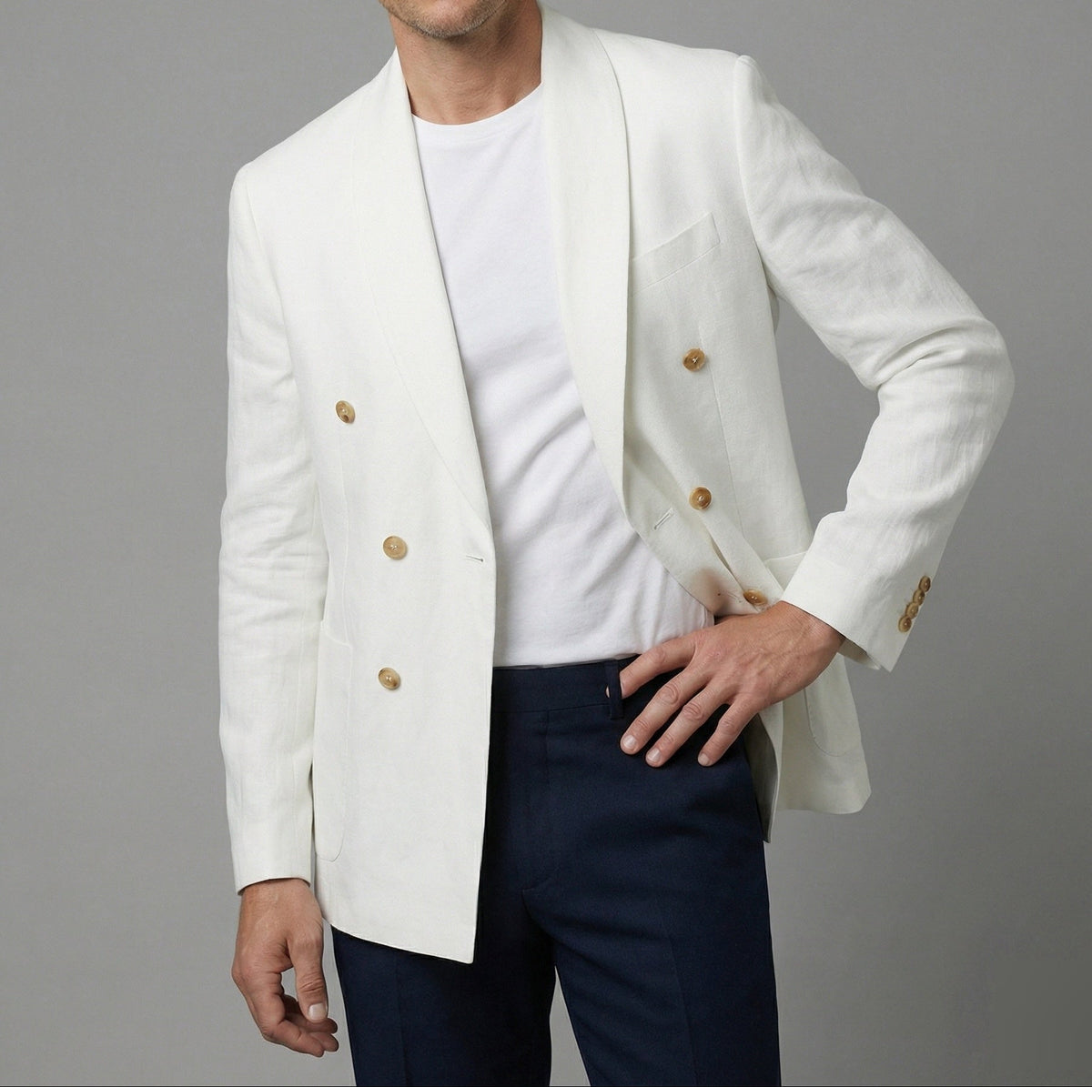 Americana cruzada de lino para hombre con cuello chal y puños abotonados, para eventos de verano y conjuntos elegantes informales