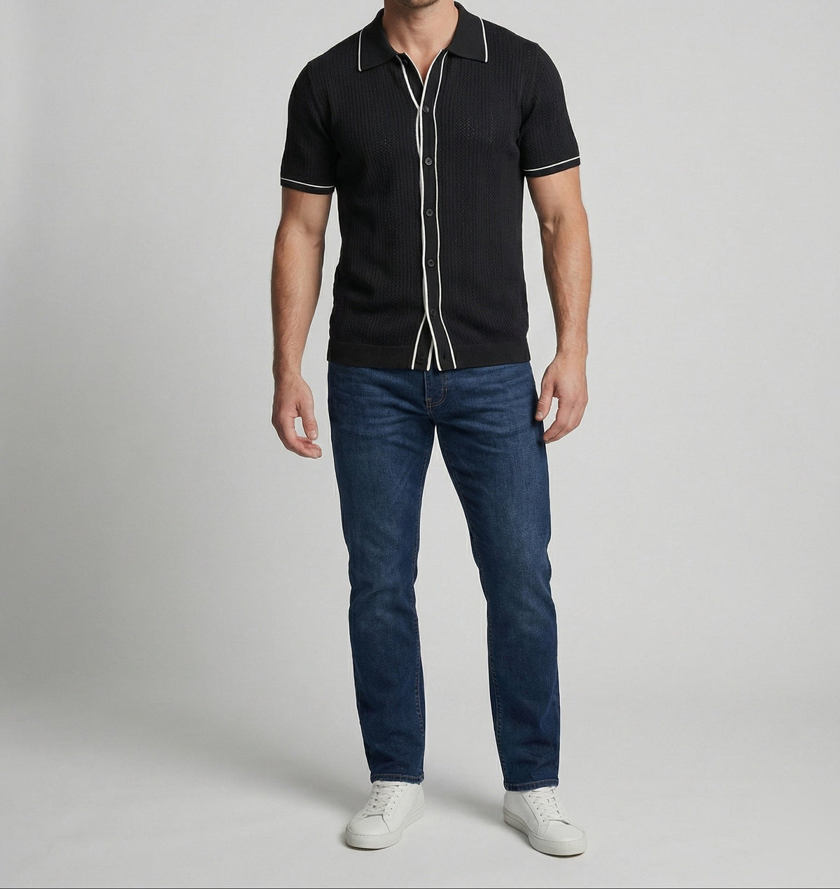 Polo de punto retro de manga corta para hombre – Polo abotonado con calados texturizados y ribetes en contraste para vestir elegante de manera informal en verano