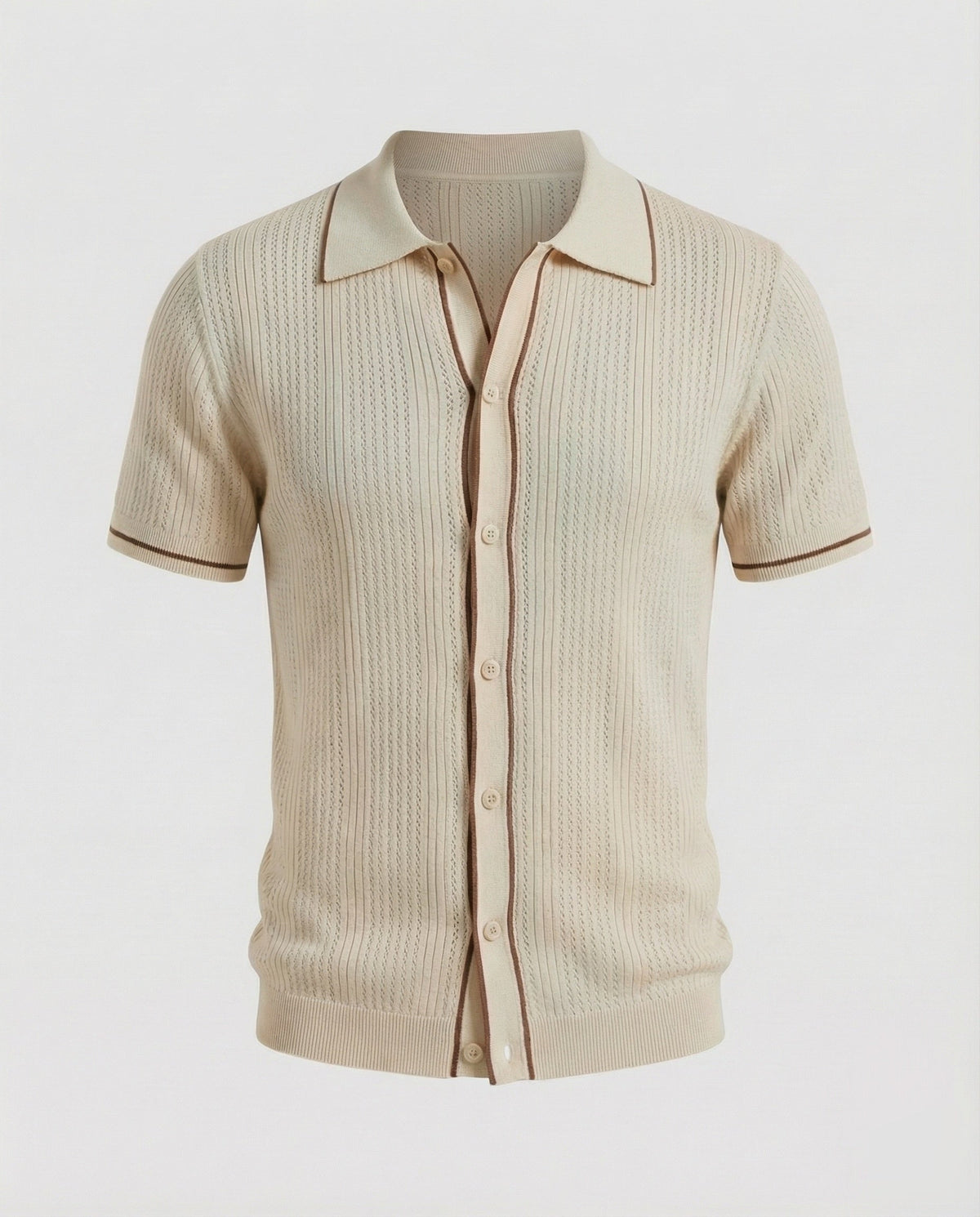 Polo de punto retro de manga corta para hombre – Polo abotonado con calados texturizados y ribetes en contraste para vestir elegante de manera informal en verano